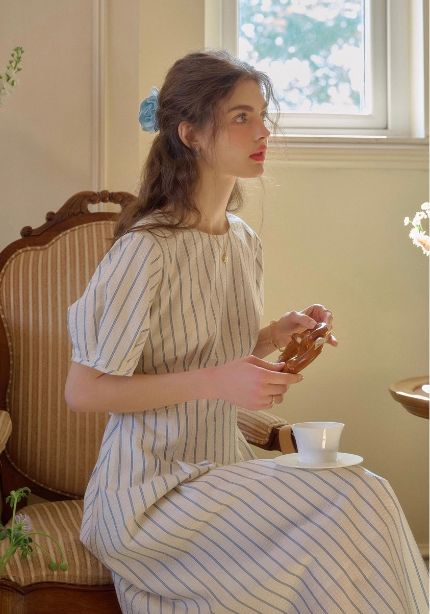 * Stripe Puff Sleeve Long Dress