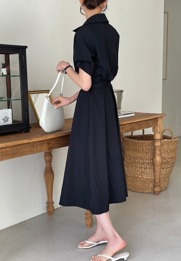 * Open Collar Belt Shirt Dress