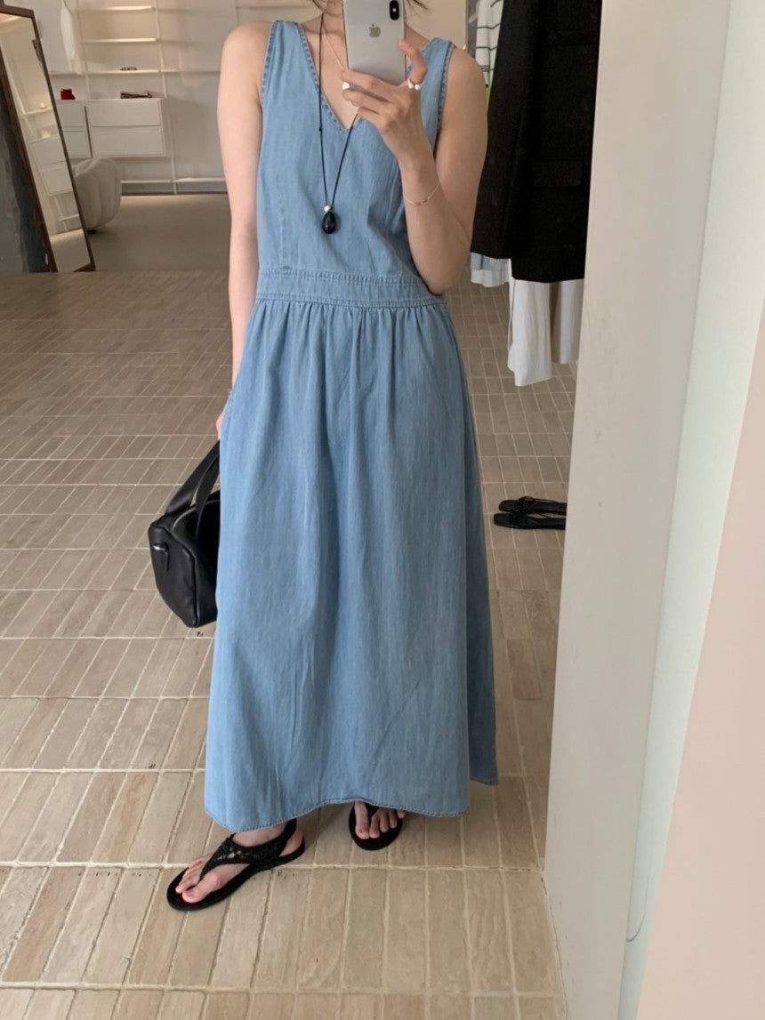 * V-Neck Denim Long Dress