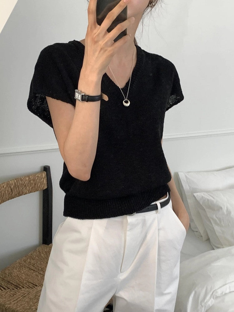 V-Neck Cap Sleeve Knit Top(~9/1) - AdoreMeU