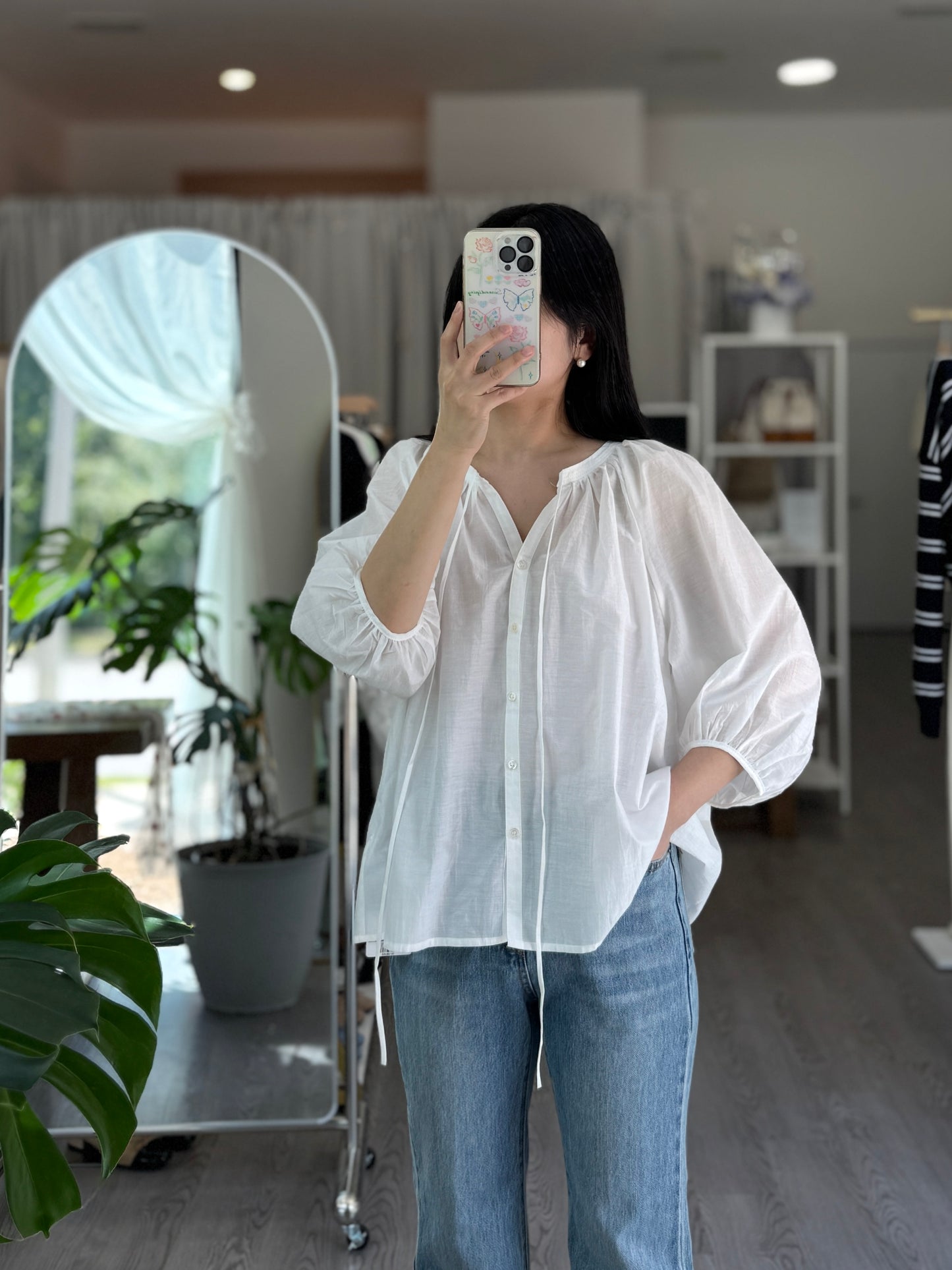 Tie-Neck Balloon Sleeve Blouse(~9/8)