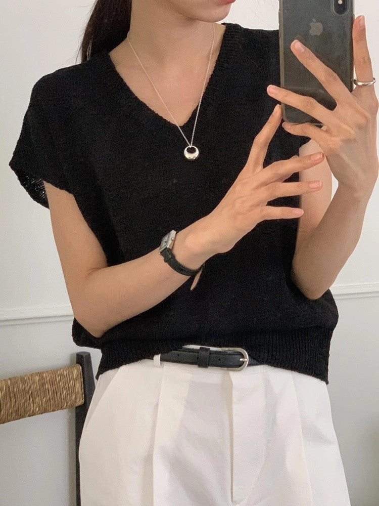 V-Neck Cap Sleeve Knit Top(~9/1) - AdoreMeU