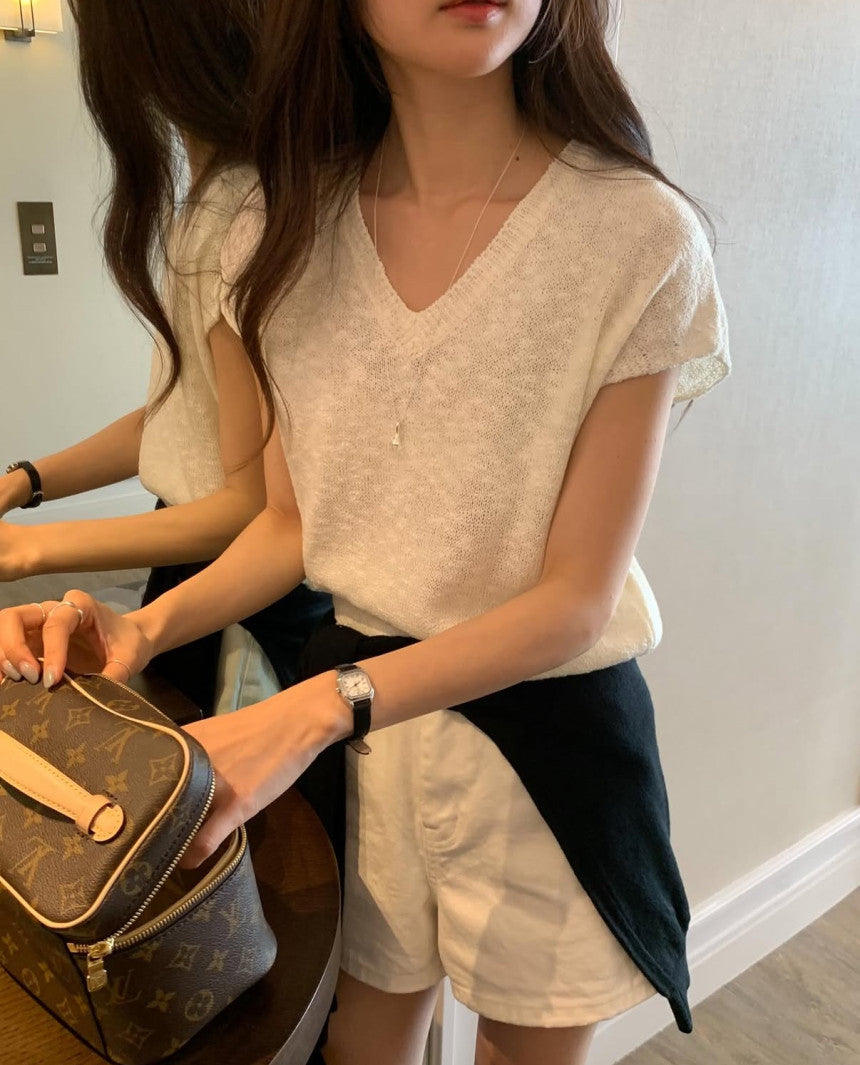 V-Neck Cap Sleeve Knit Top(~9/1) - AdoreMeU