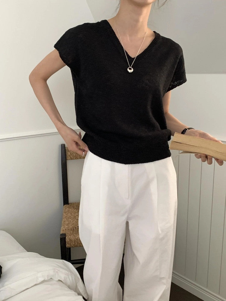 V-Neck Cap Sleeve Knit Top(~9/1) - AdoreMeU