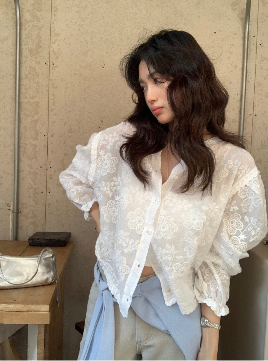 * Floral Lace Cotton Blouse Cardigan