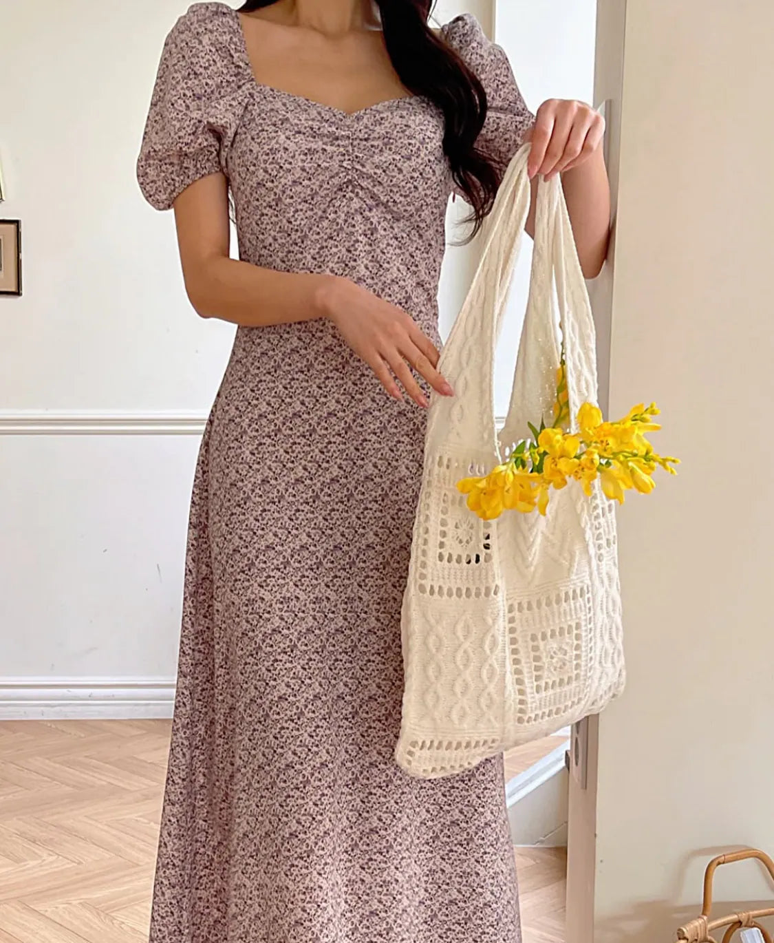* Lavender Floral Puff Dress