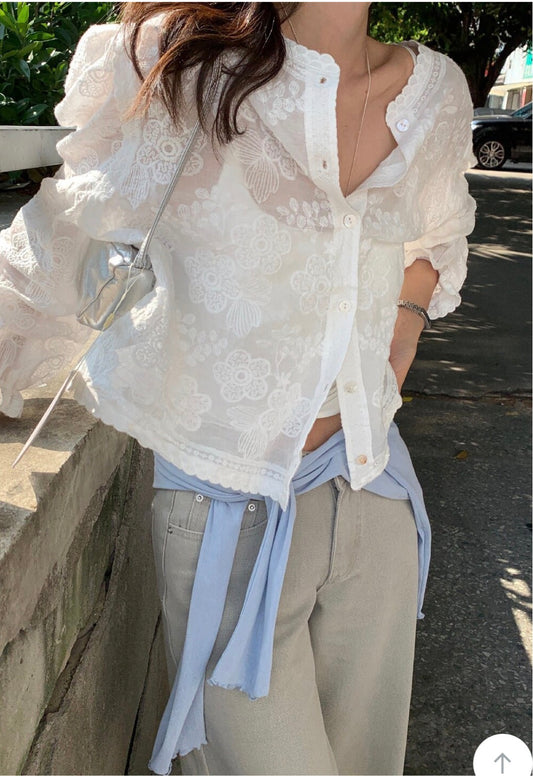 * Floral Lace Cotton Blouse Cardigan