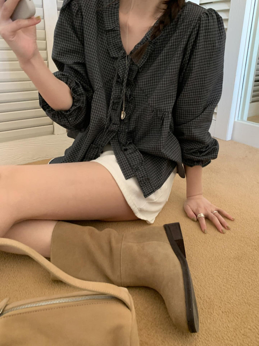 * Check Frill V-Neck Blouse