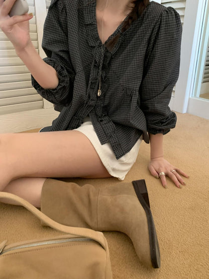 * Check Frill V-Neck Blouse