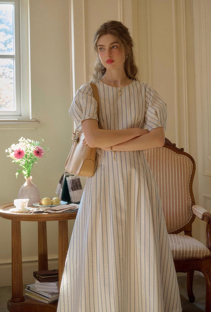 * Stripe Puff Sleeve Long Dress