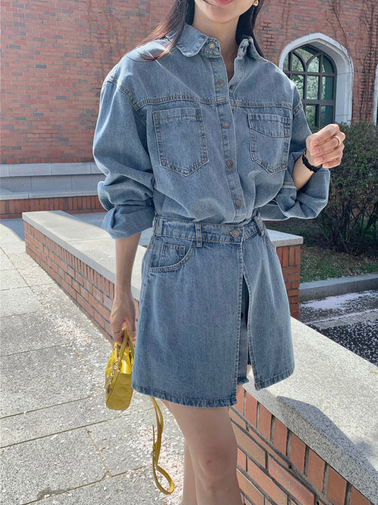*Denim Shirt Dress & Wrap Skirt Set