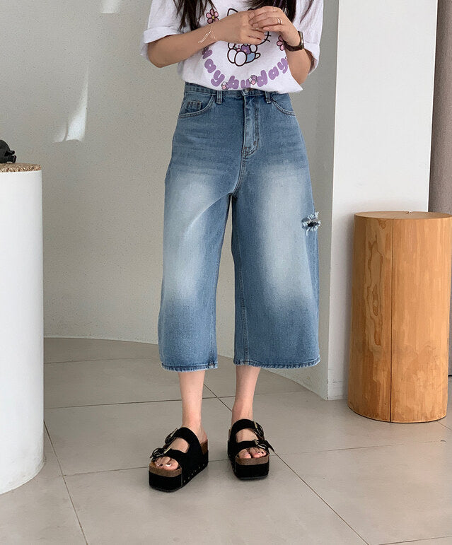 * Damaged Denim Bermuda Shorts