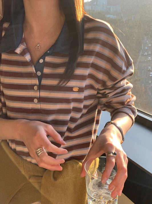 * Stripe Loose Fit Collar T-shirt