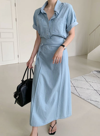 * Denim Shirt & Skirt Set