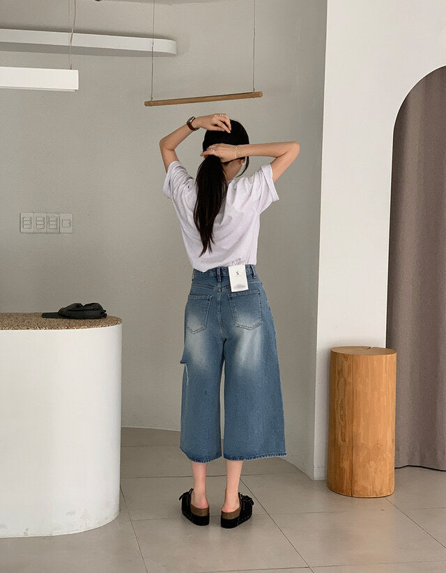 * Damaged Denim Bermuda Shorts