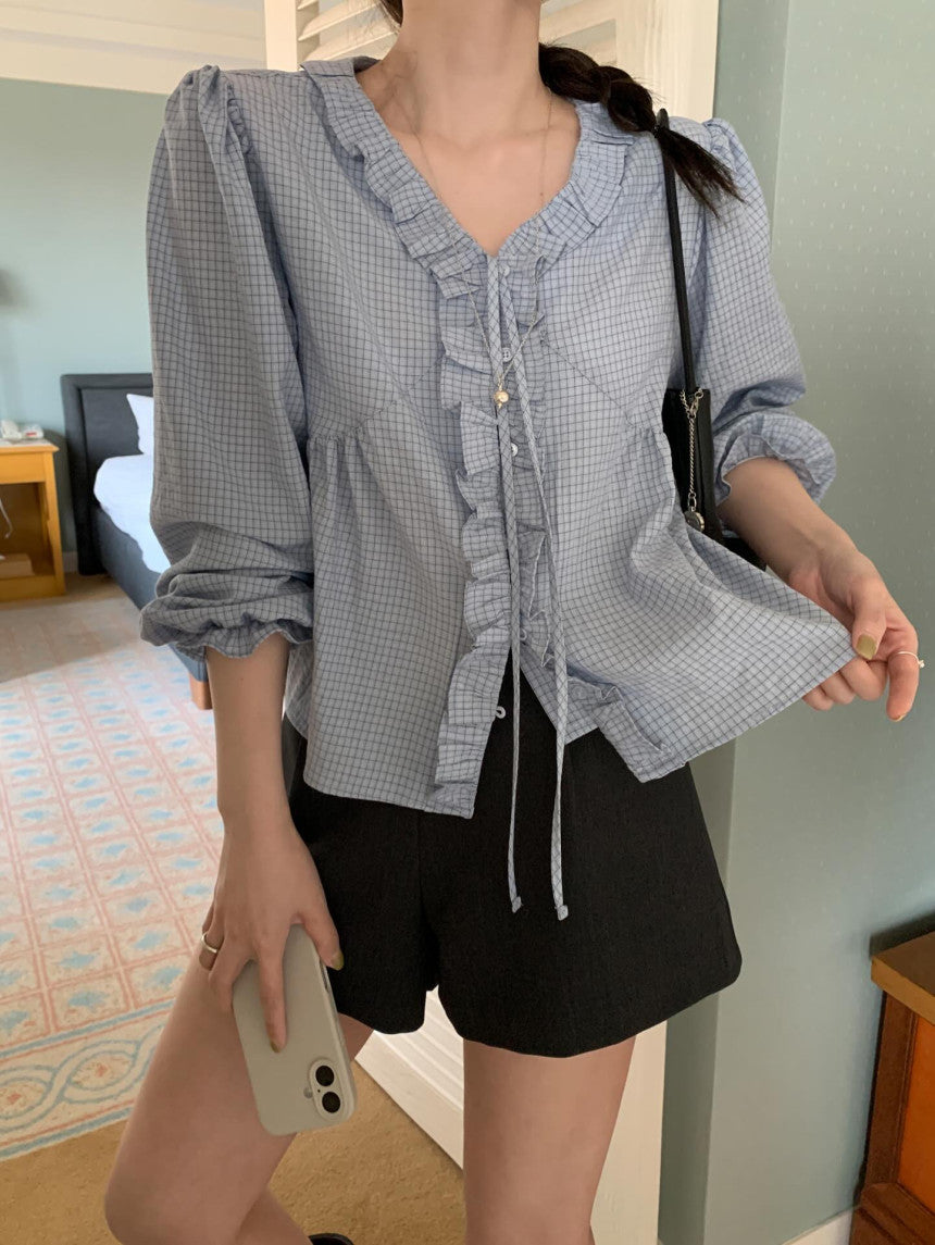 * Check Frill V-Neck Blouse