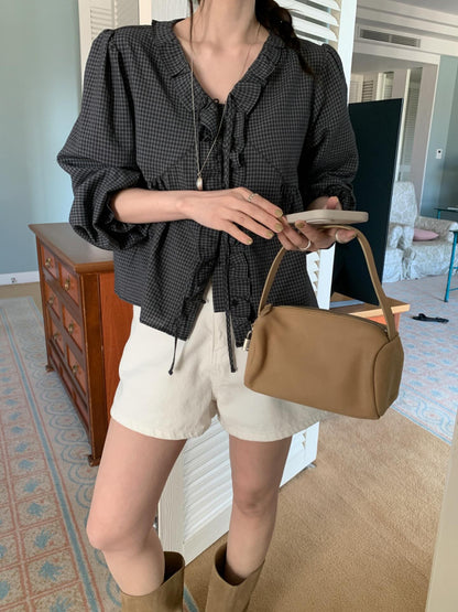 * Check Frill V-Neck Blouse