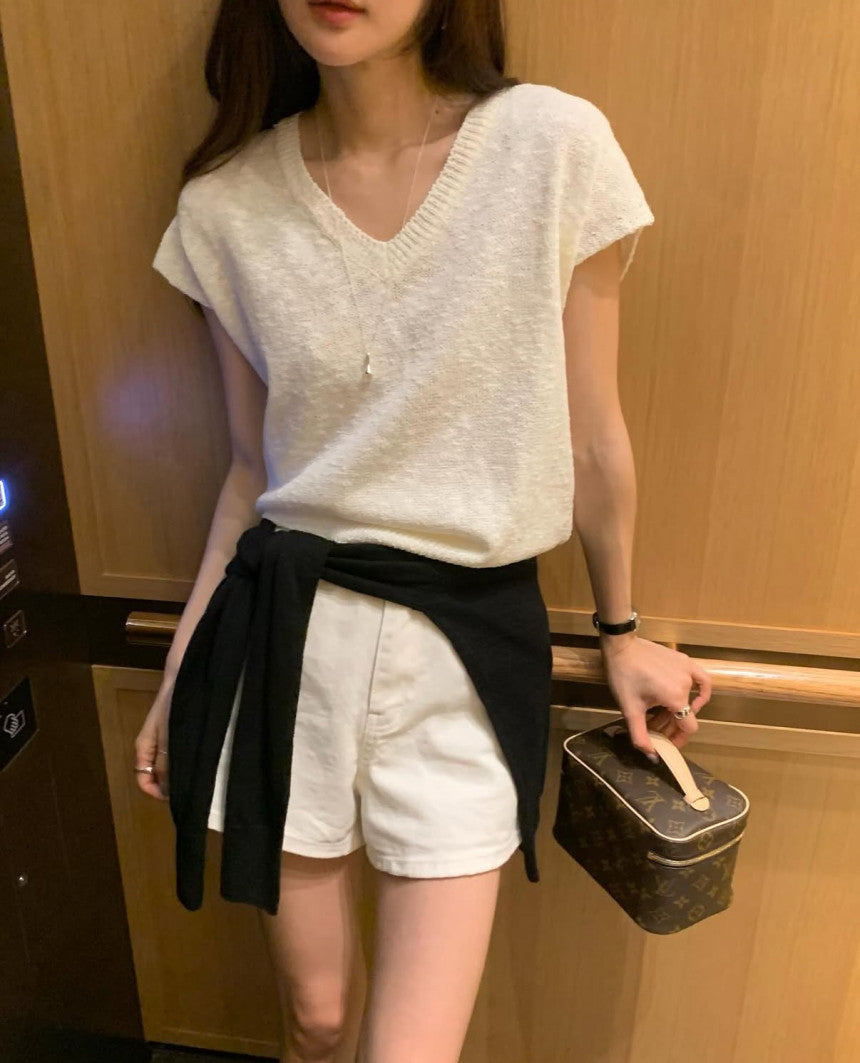V-Neck Cap Sleeve Knit Top(~9/1) - AdoreMeU