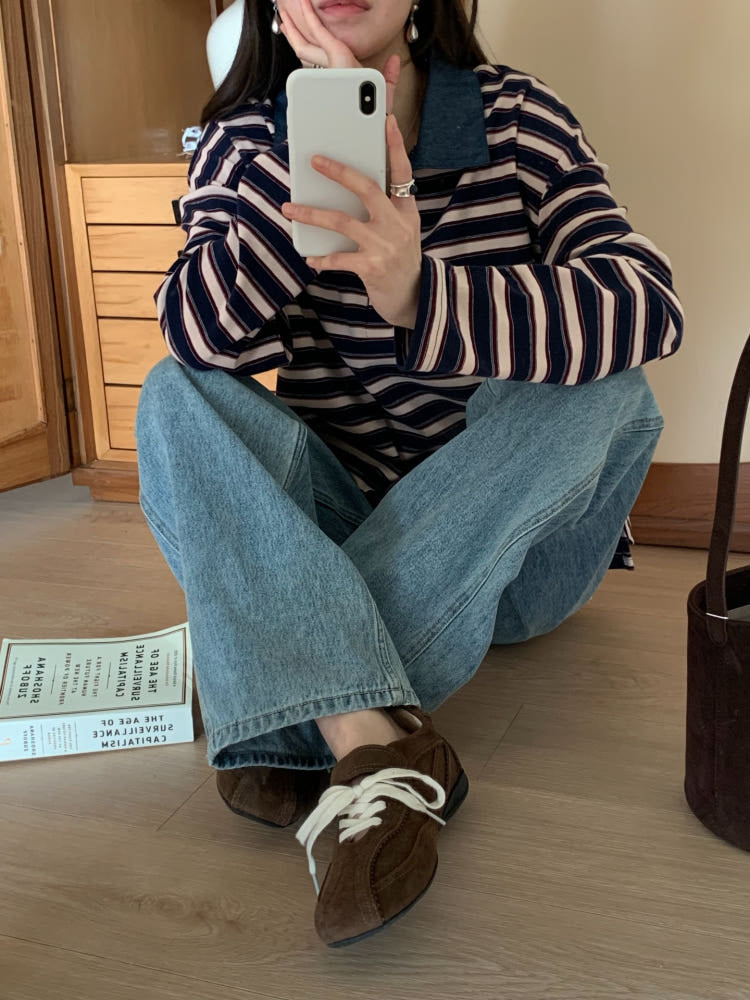 * Stripe Loose Fit Collar T-shirt