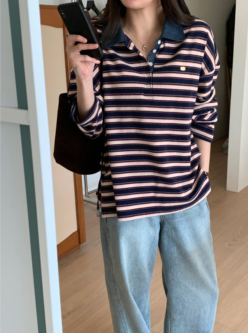 * Stripe Loose Fit Collar T-shirt