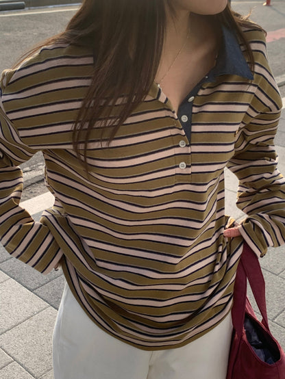 * Stripe Loose Fit Collar T-shirt