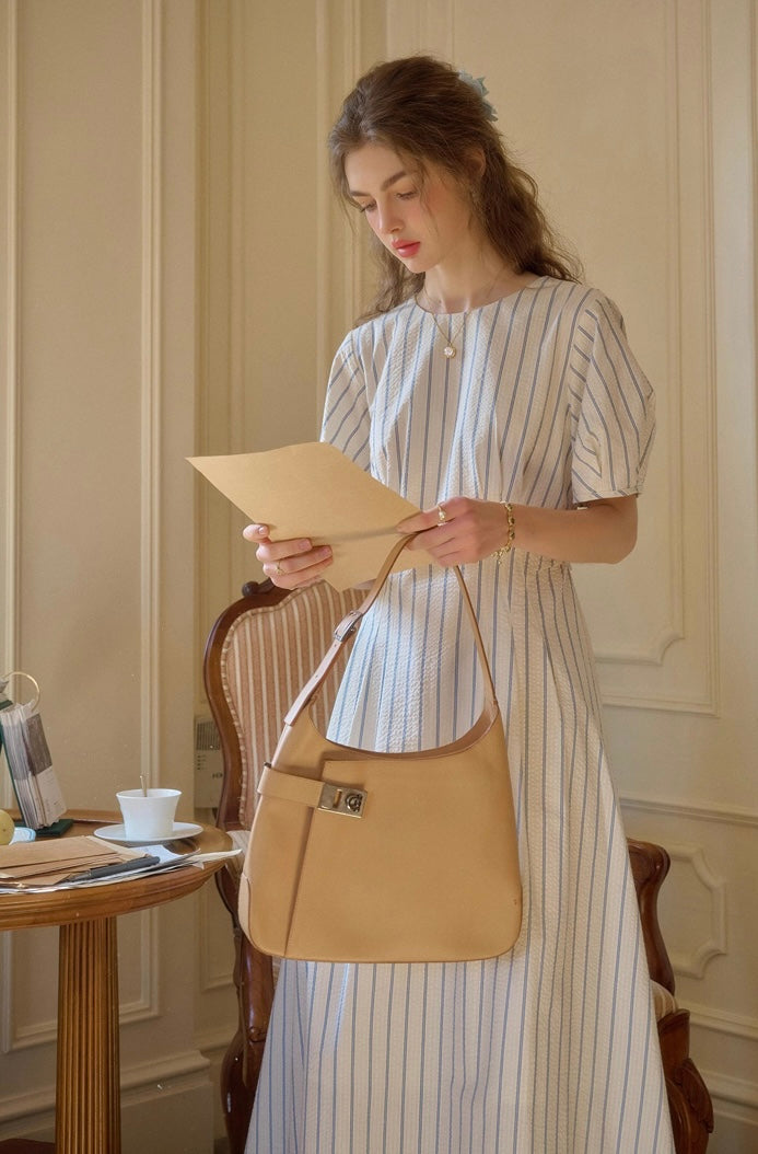 * Stripe Puff Sleeve Long Dress