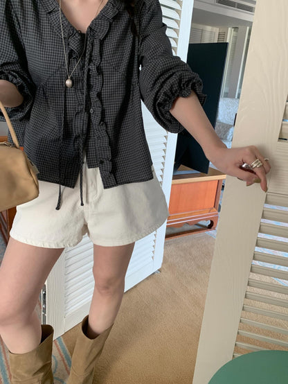 * Check Frill V-Neck Blouse