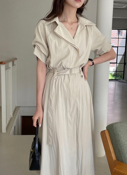 * Open Collar Belt Shirt Dress