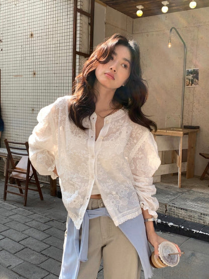* Floral Lace Cotton Blouse Cardigan