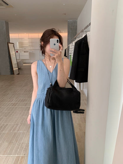 * V-Neck Denim Long Dress