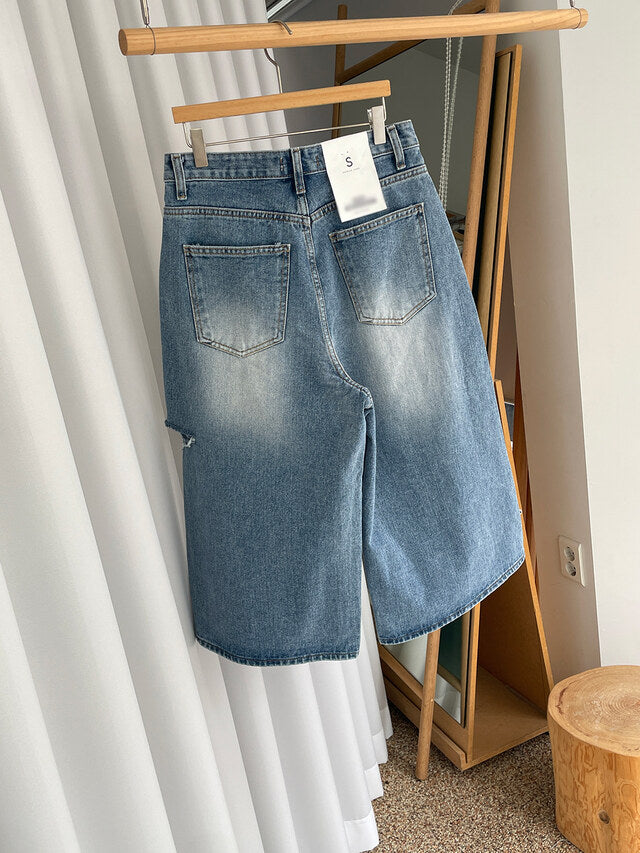 * Damaged Denim Bermuda Shorts