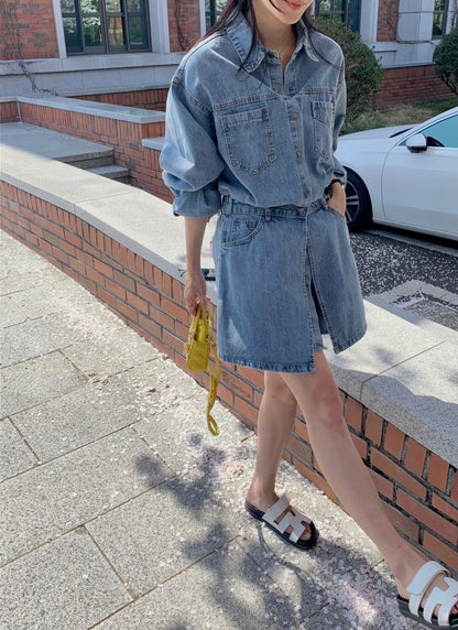 *Denim Shirt Dress & Wrap Skirt Set