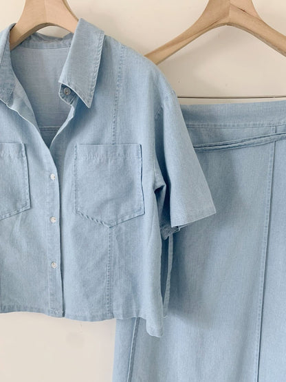 * Denim Shirt & Skirt Set