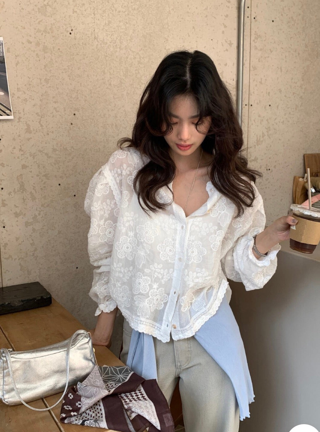 * Floral Lace Cotton Blouse Cardigan