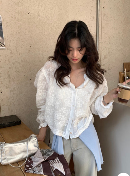 * Floral Lace Cotton Blouse Cardigan