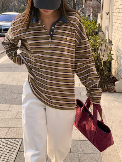 * Stripe Loose Fit Collar T-shirt