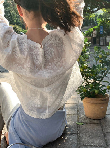 * Floral Lace Cotton Blouse Cardigan
