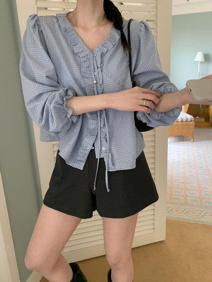 * Check Frill V-Neck Blouse