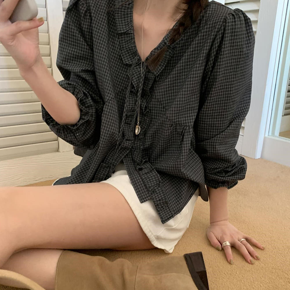 * Check Frill V-Neck Blouse