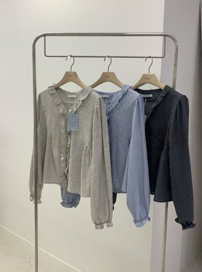 * Check Frill V-Neck Blouse