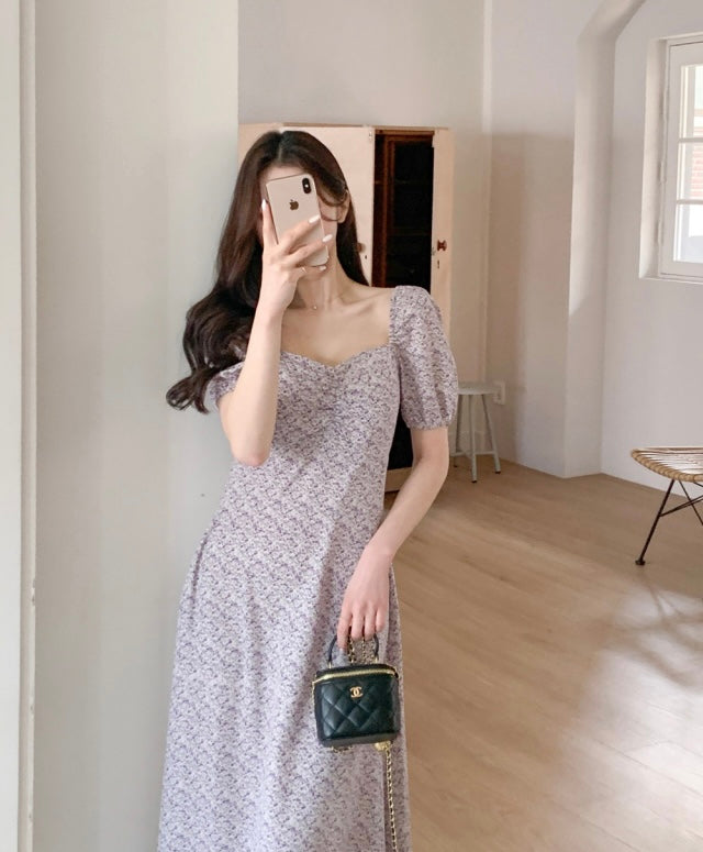 * Lavender Floral Puff Dress