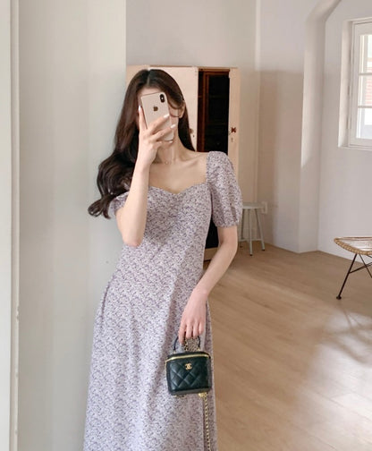 * Lavender Floral Puff Dress