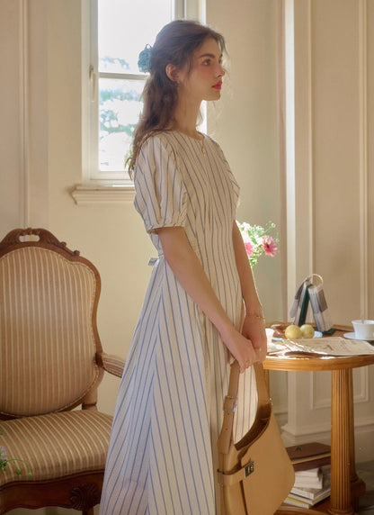* Stripe Puff Sleeve Long Dress