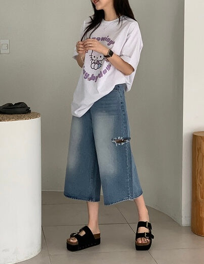 * Damaged Denim Bermuda Shorts