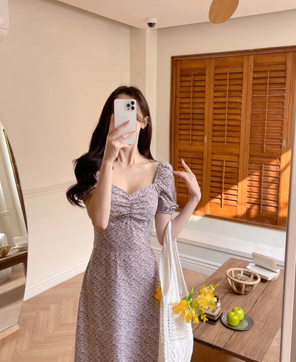 * Lavender Floral Puff Dress
