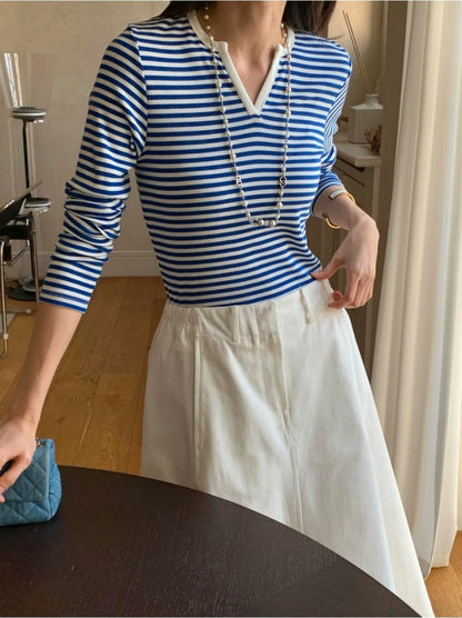 *스트라이프 브이 티셔츠