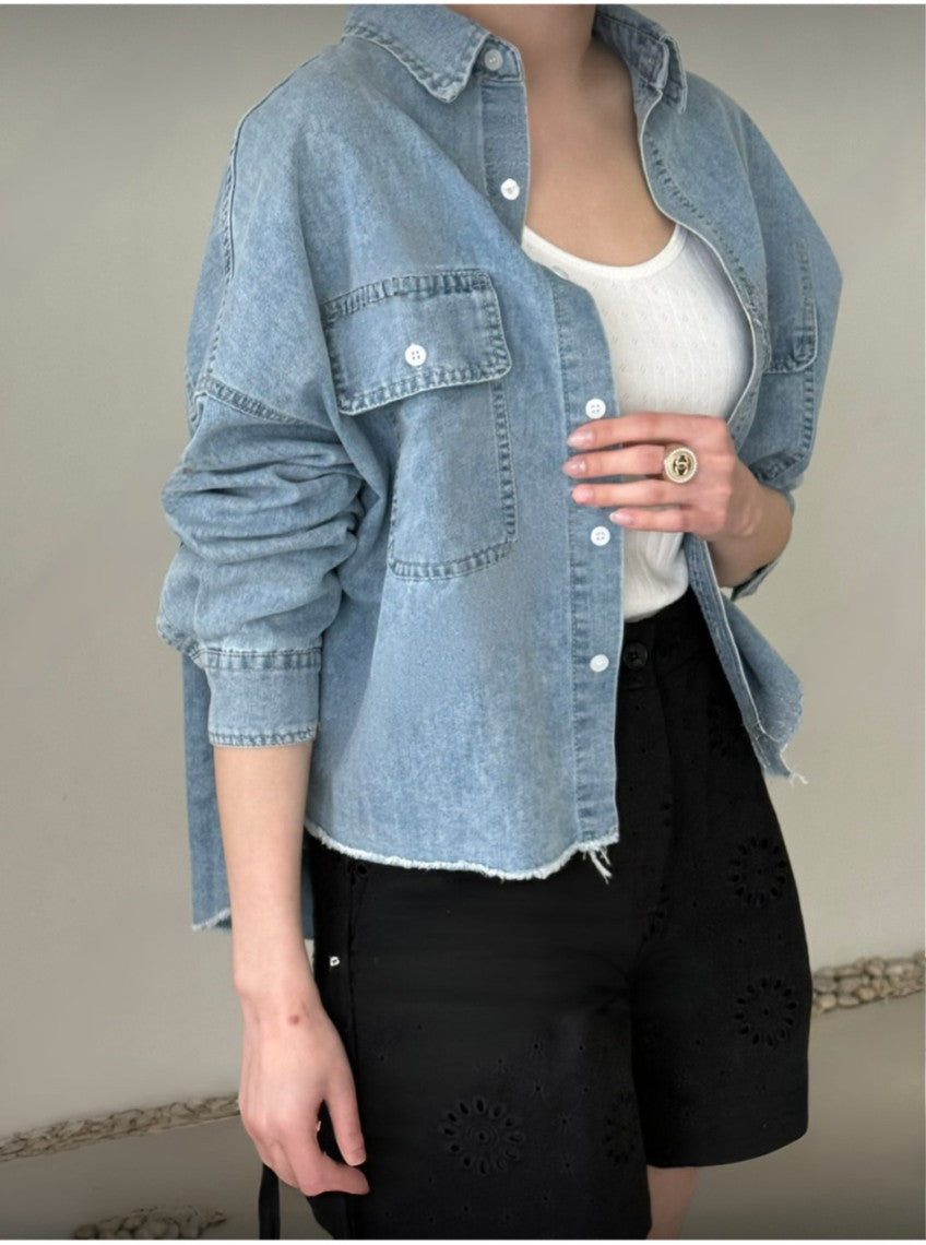 Cropped Oversized Denim Shirt