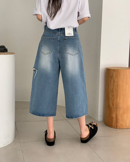 * Damaged Denim Bermuda Shorts