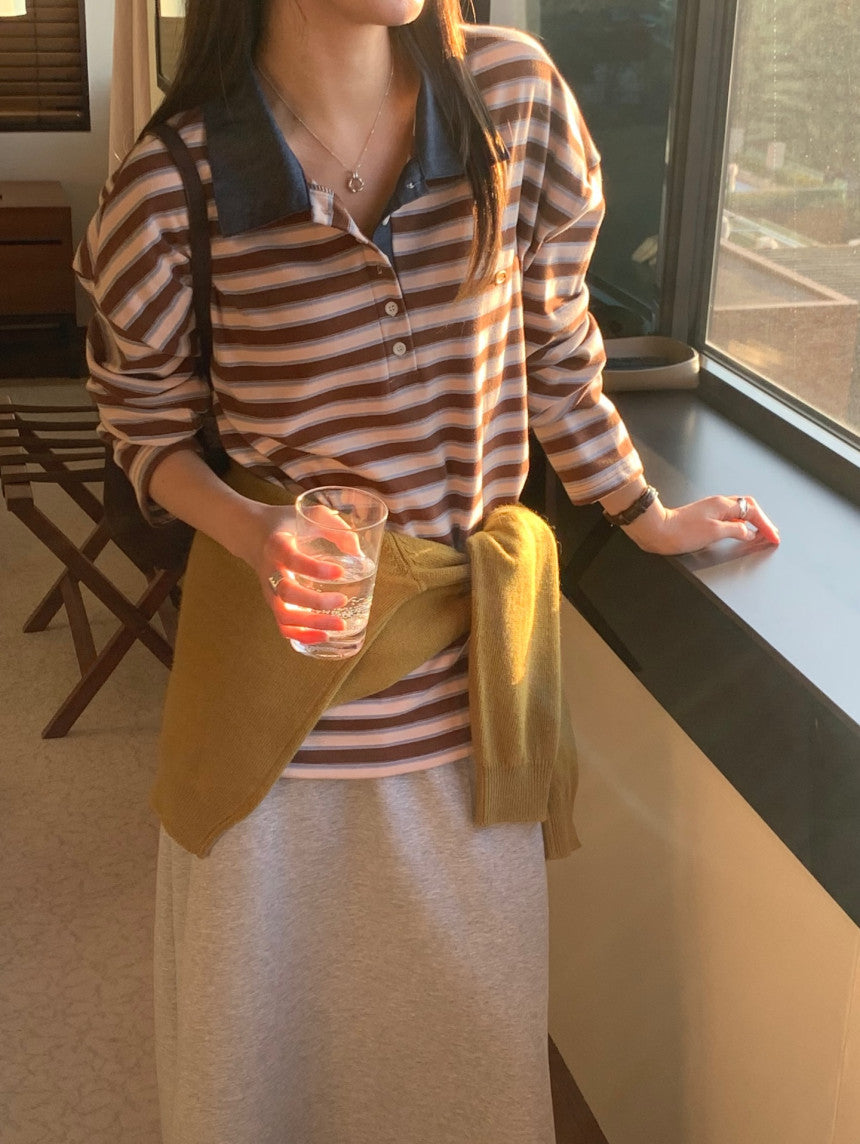 * Stripe Loose Fit Collar T-shirt