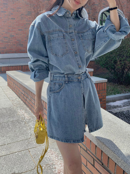 *Denim Shirt Dress & Wrap Skirt Set